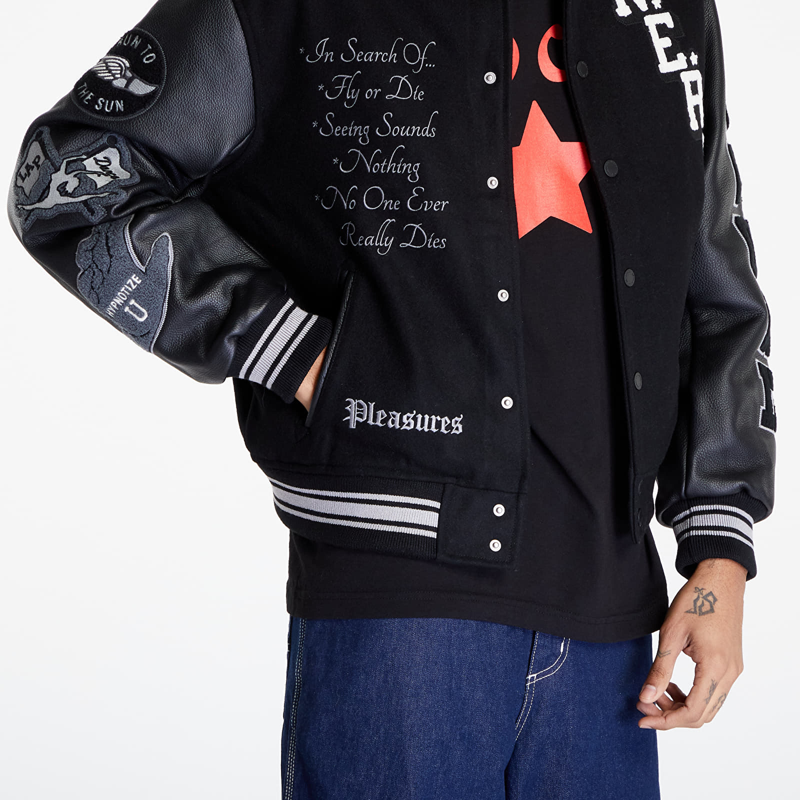 Bombers PLEASURES x N.E.R.D Varsity Bomber Jacket Black