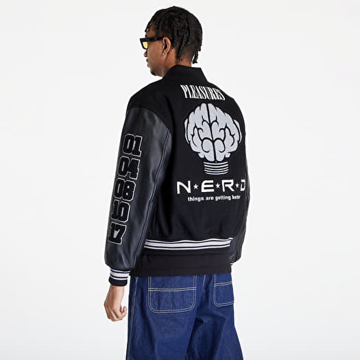 PLEASURES x N.E.R.D プレジャーズ x ナード スタジャン NERD VARSITY JACKET ヒップホップ ワイドシルエット ウールメルトン 本革スリーブ ブラック L XL PLEASURES⁄プレジャーズ×N.E.R.D.⁄ナード NERD SWEAT PANTS スウェット