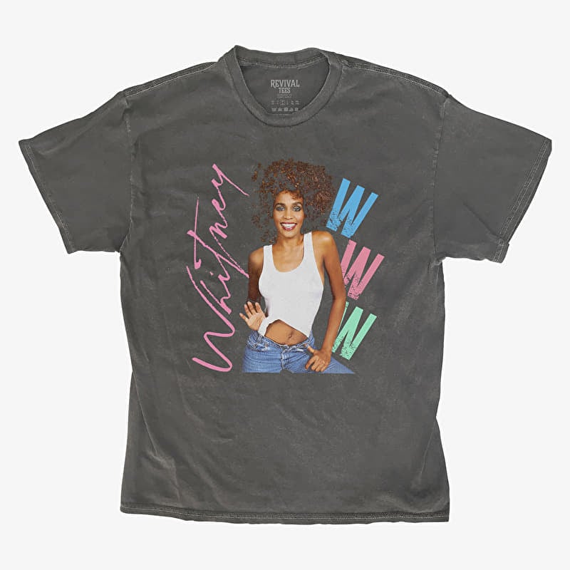 Merch Revival Tee - Whitney Houston Posing Pink Signature Unisex T-Shirt Black