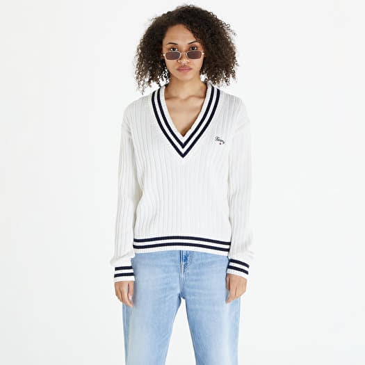Truien Tommy Jeans Script V Neck Rib Sweater Ancient White Queens