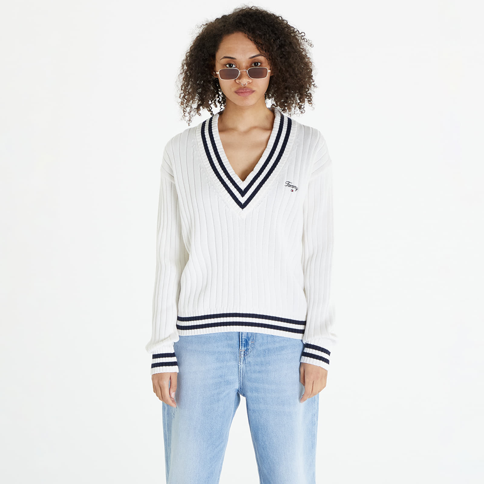 Truien Tommy Jeans Script V Neck Rib Sweater Ancient White