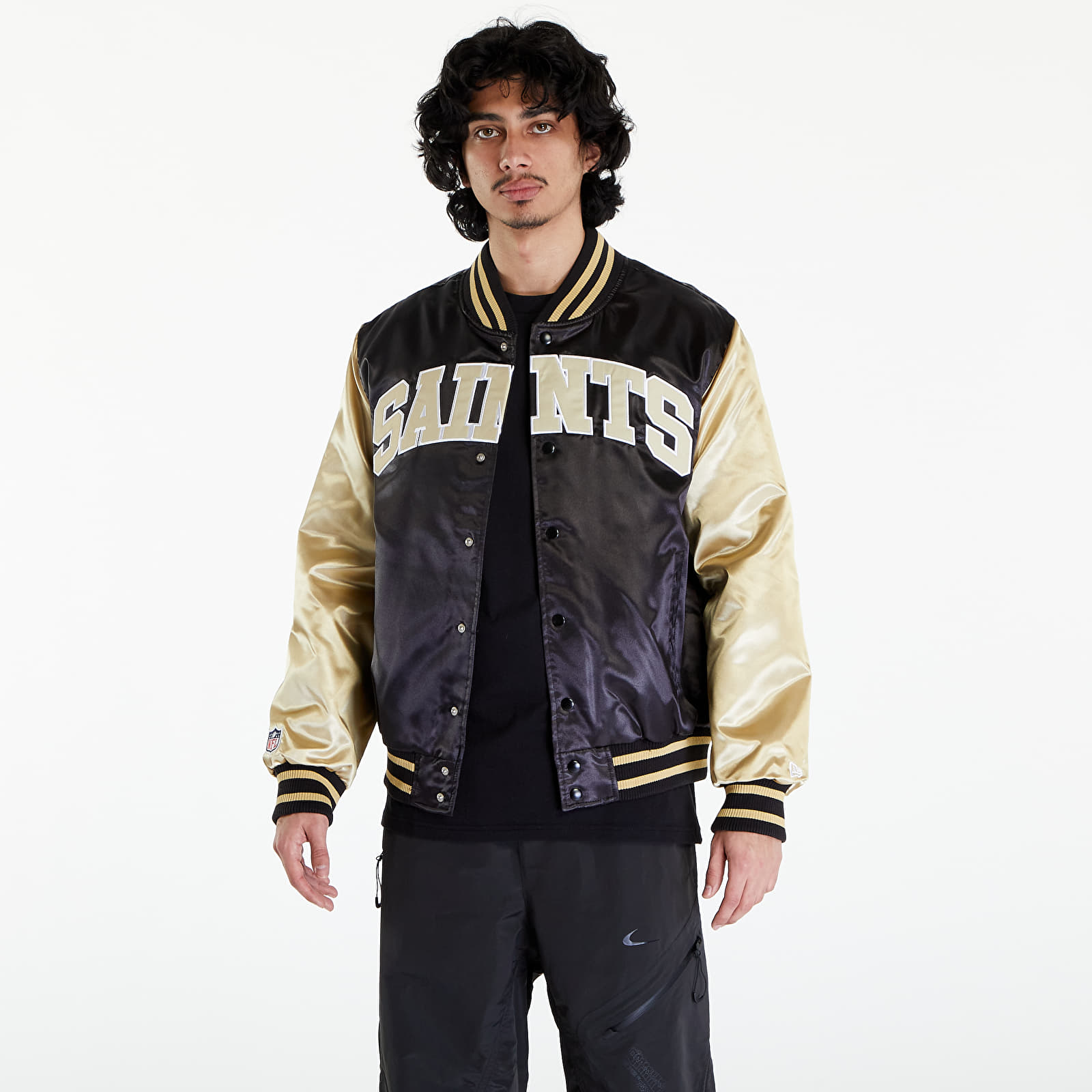Bombery New Era New Orleans Saints NFL Satin Bomber Jacket UNISEX Black/ Vegas Gold