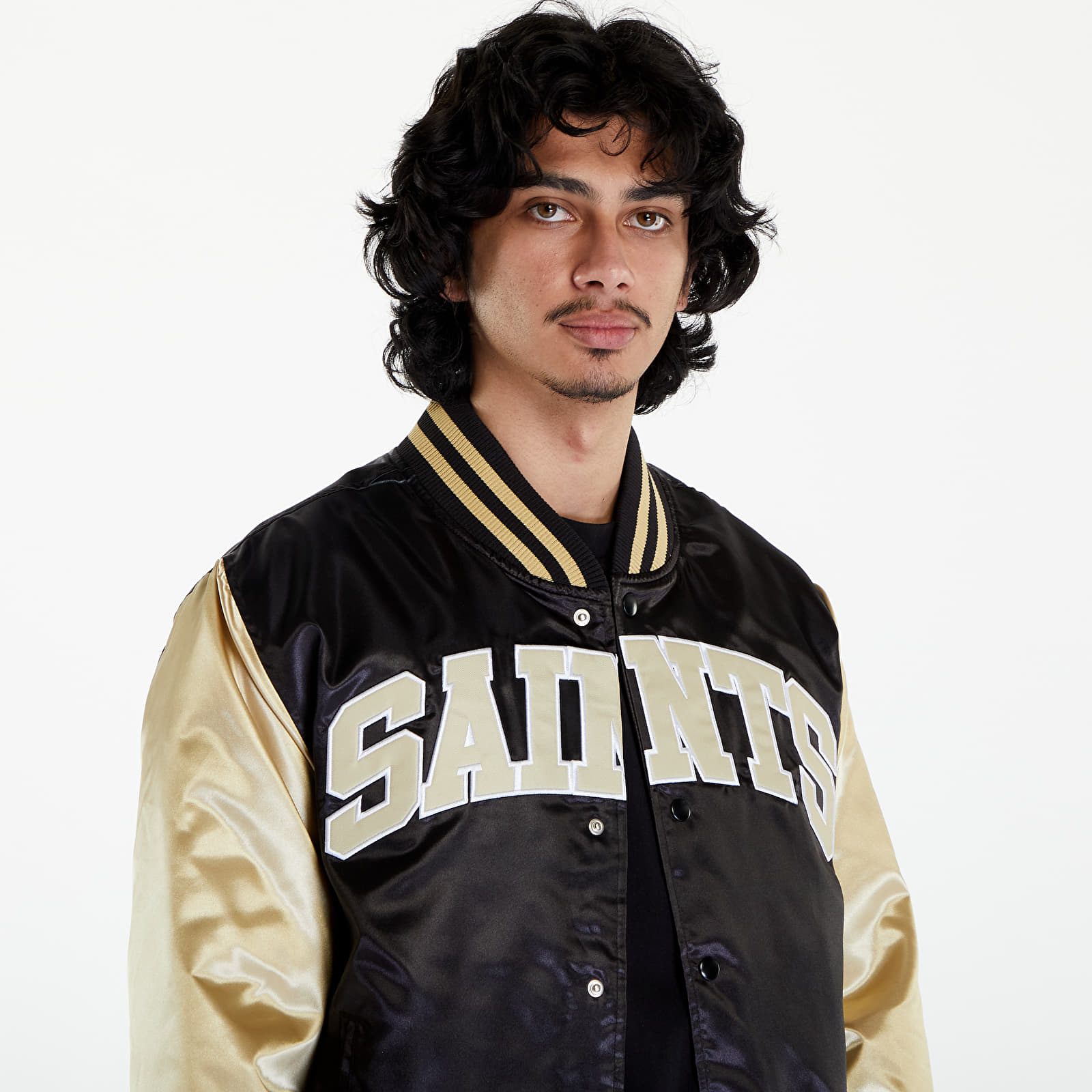 Bombery New Era New Orleans Saints NFL Satin Bomber Jacket UNISEX Black/ Vegas Gold