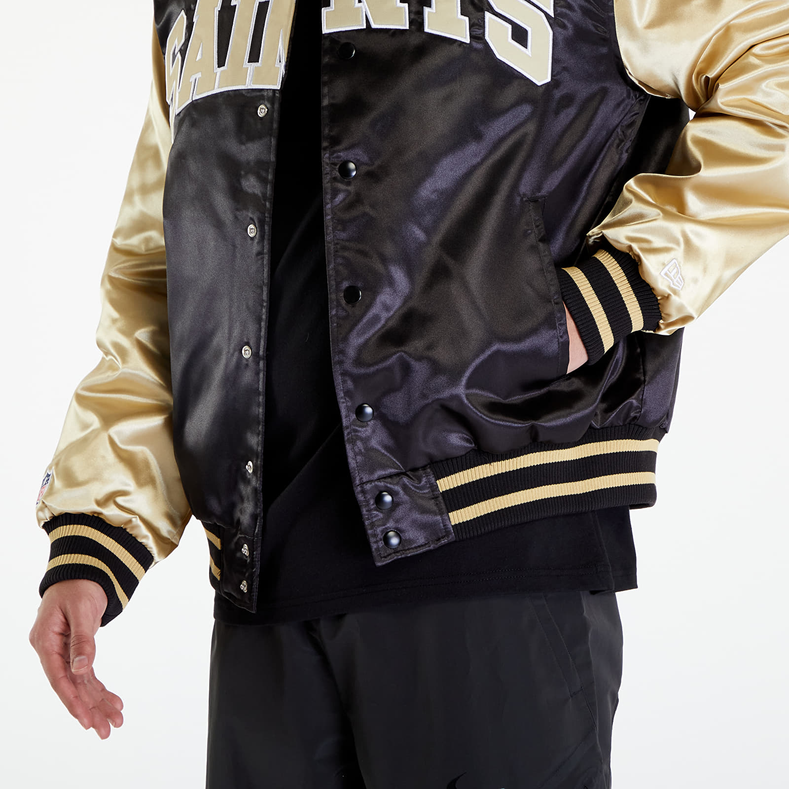 Bombery New Era New Orleans Saints NFL Satin Bomber Jacket UNISEX Black/ Vegas Gold
