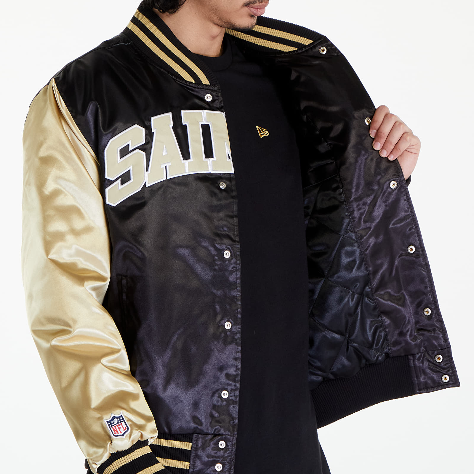 Bombery New Era New Orleans Saints NFL Satin Bomber Jacket UNISEX Black/ Vegas Gold