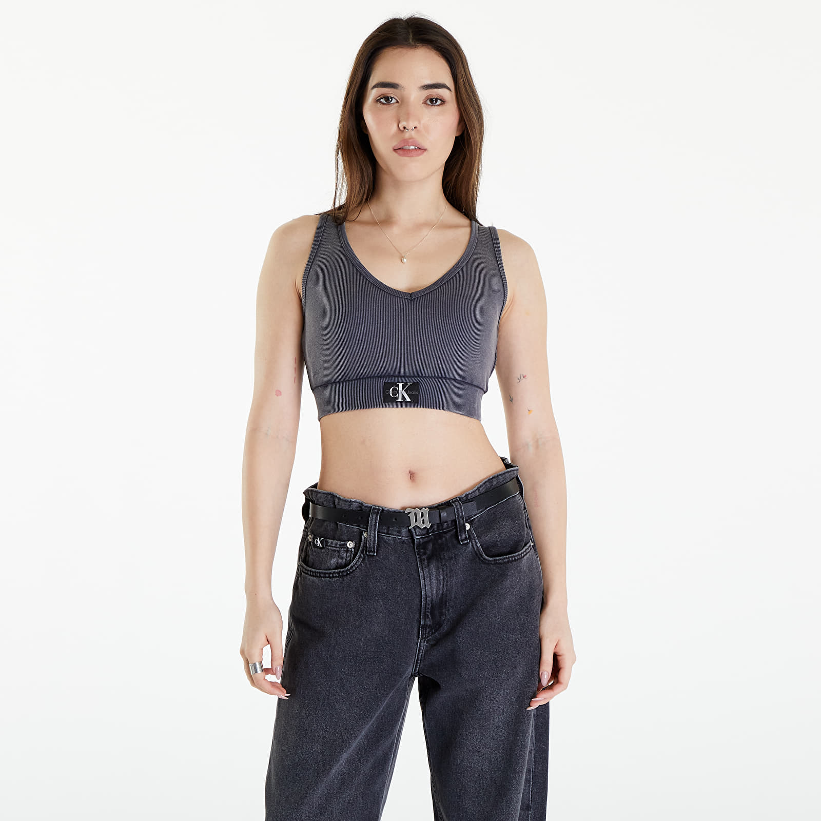 Topy Calvin Klein Jeans Label Washed Rib Crop Top Washed Black