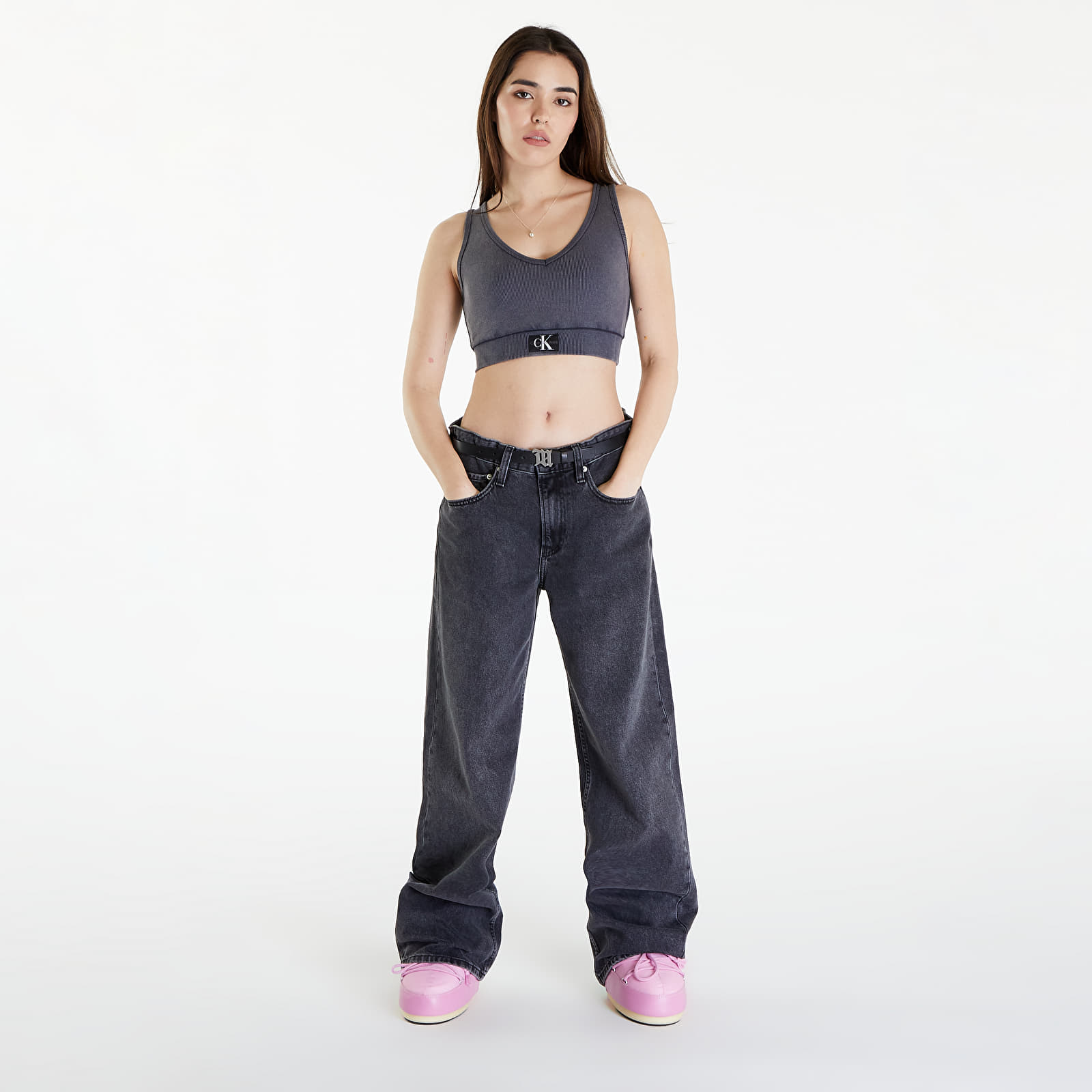 Top Calvin Klein Jeans Label Washed Rib Crop Top Washed Black