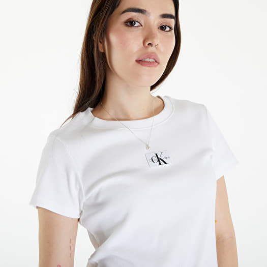 T Shirts Calvin Klein Jeans Woven Label Rib Slim Short Sleeve Tee Bright White Queens