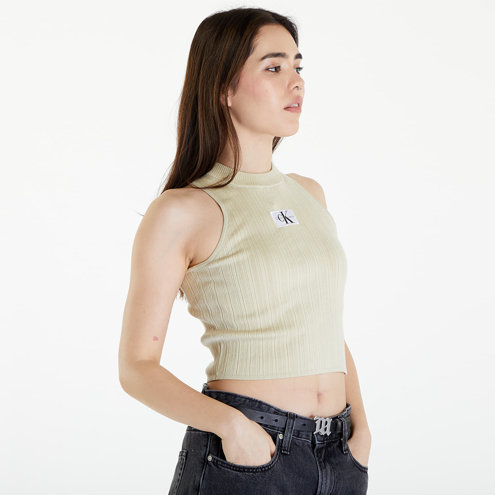 Majice Calvin Klein Jeans Woven Label SweaterTank Top Green Haze