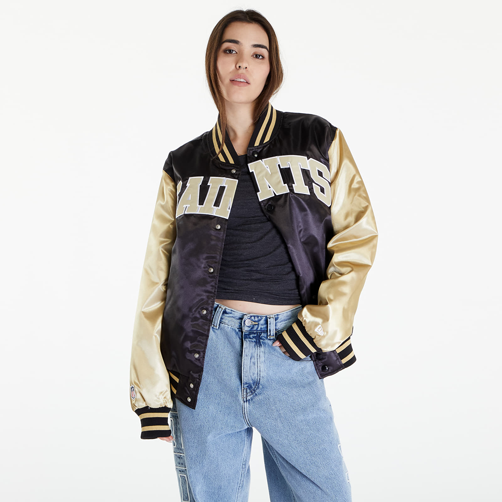 Bombery New Era New Orleans Saints NFL Satin Bomber Jacket UNISEX Black/ Vegas Gold
