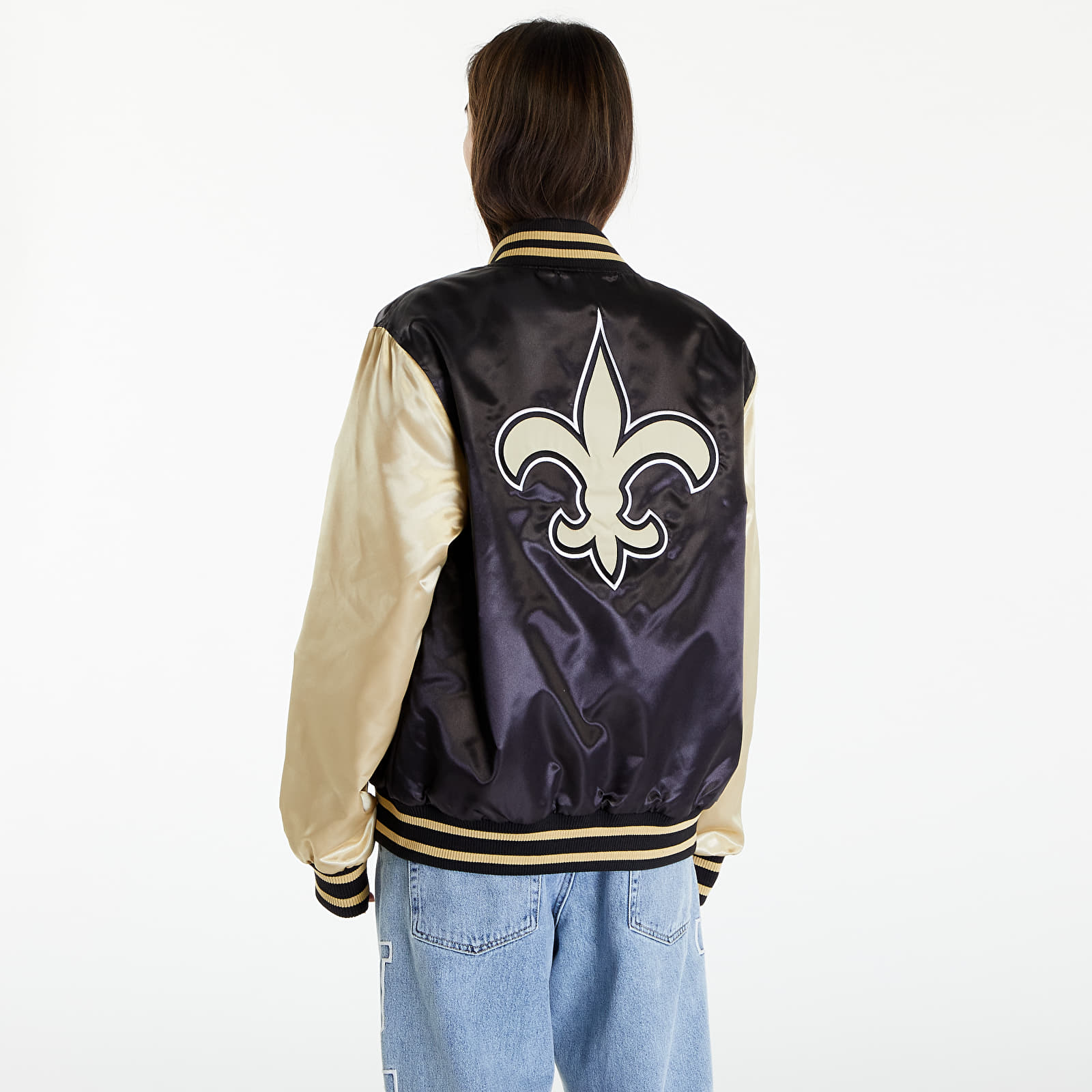 Bombery New Era New Orleans Saints NFL Satin Bomber Jacket UNISEX Black/ Vegas Gold