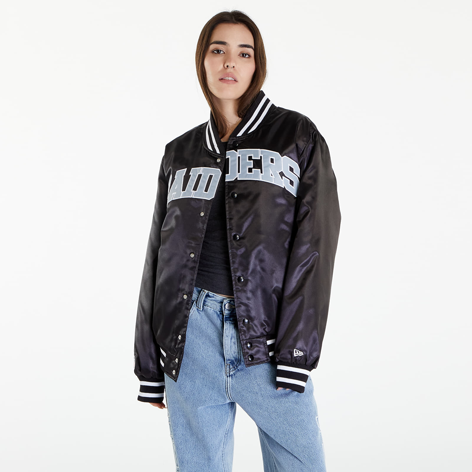 Blousons bombardiers New Era Las Vegas Raiders NFL Satin Black Bomber Jacket UNISEX Black/ White