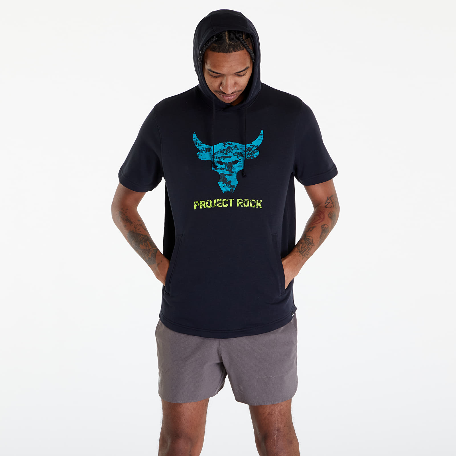 Hoodies and sweatshirts  Under Armour Project Rock Payoff Short Sleeve Terry Hoodie Black/ Coastal Teal
