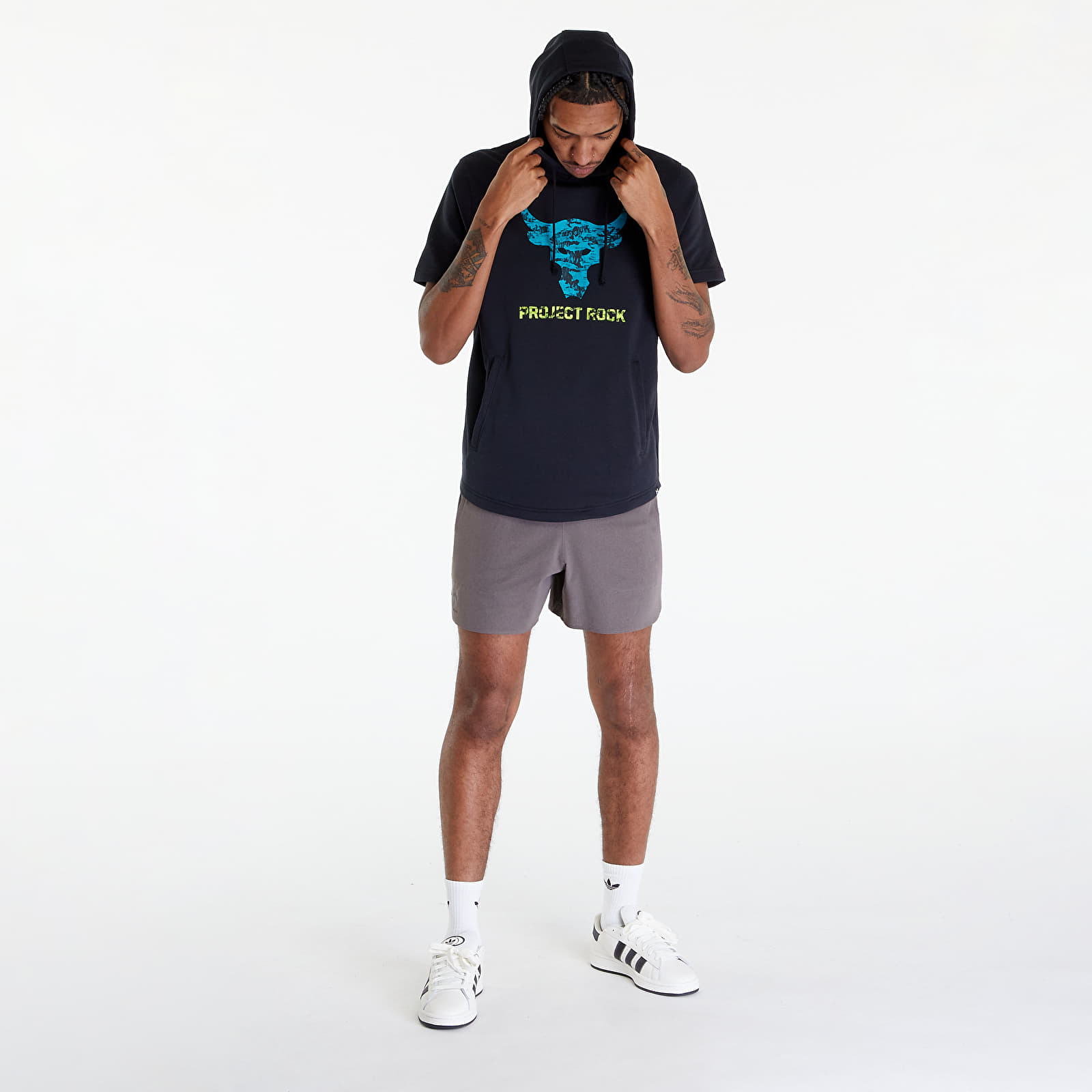 Hoodies and sweatshirts  Under Armour Project Rock Payoff Short Sleeve Terry Hoodie Black/ Coastal Teal