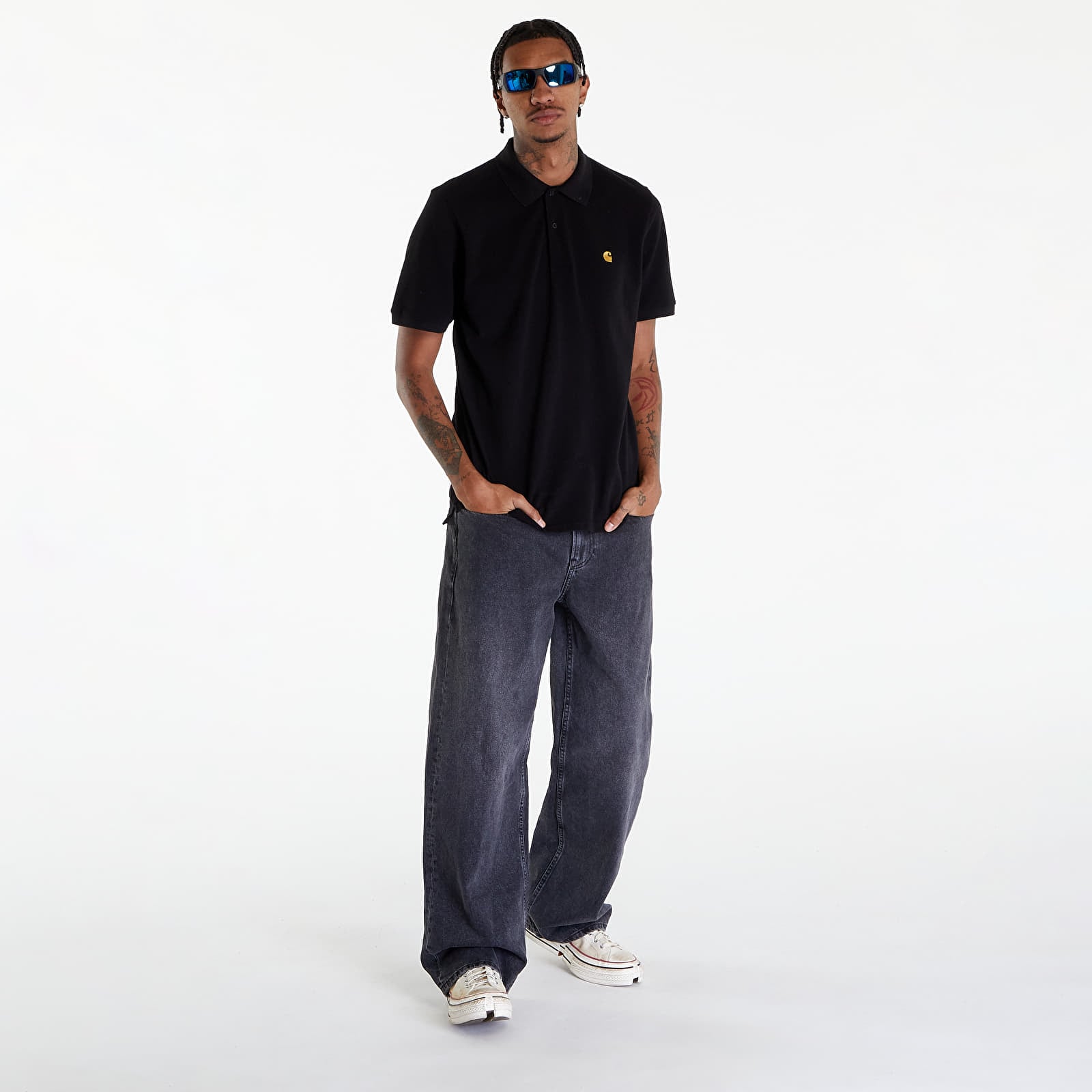 Pólók Carhartt WIP Short Sleeve Chase Pique Polo T-Shirt UNISEX Black/ Gold