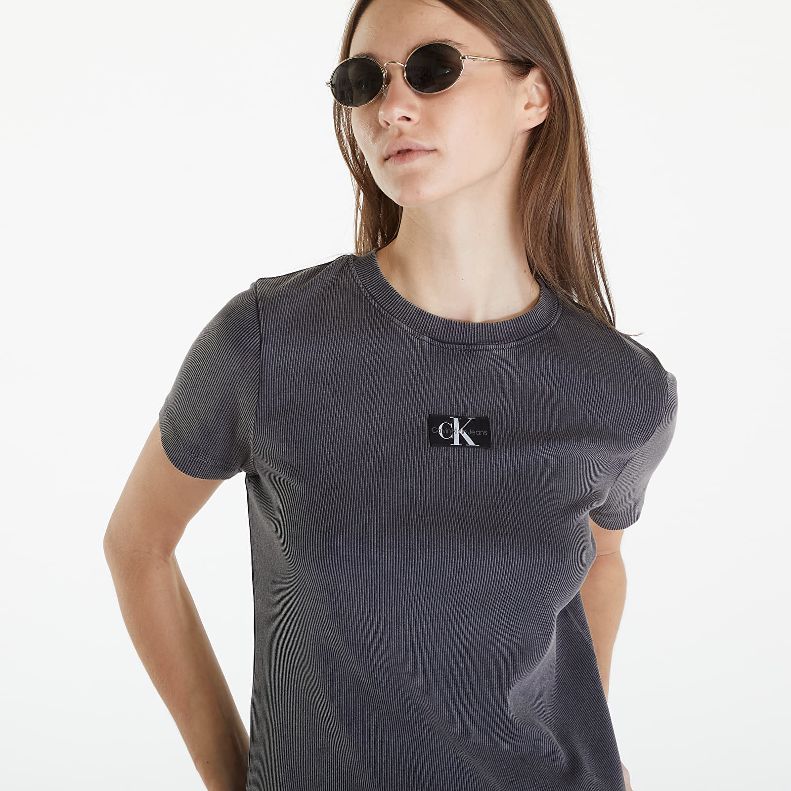 Тениски Calvin Klein Jeans Label Washed Rib Slim Short Sleeve Tee Gray