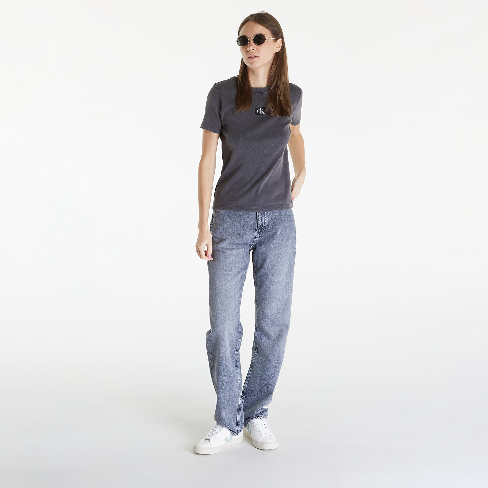 Тениски Calvin Klein Jeans Label Washed Rib Slim Short Sleeve Tee Gray
