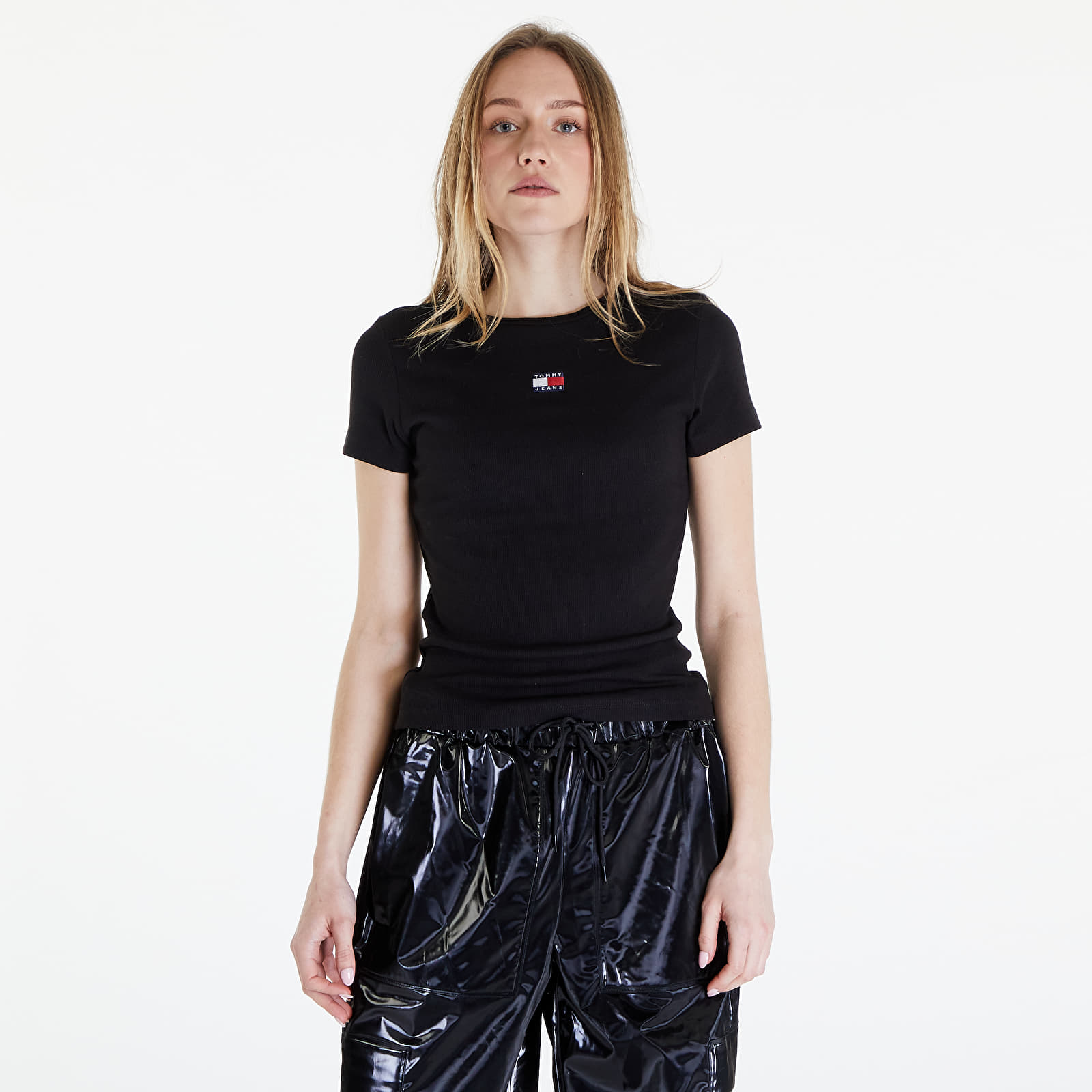 Tricouri Tommy Jeans Slim Badge Ribbed Tee Black