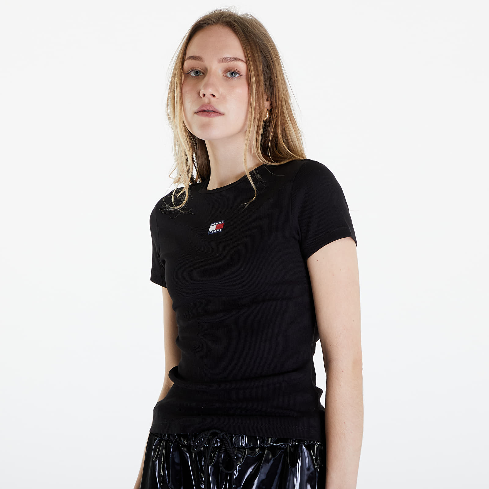 Tricouri Tommy Jeans Slim Badge Ribbed Tee Black