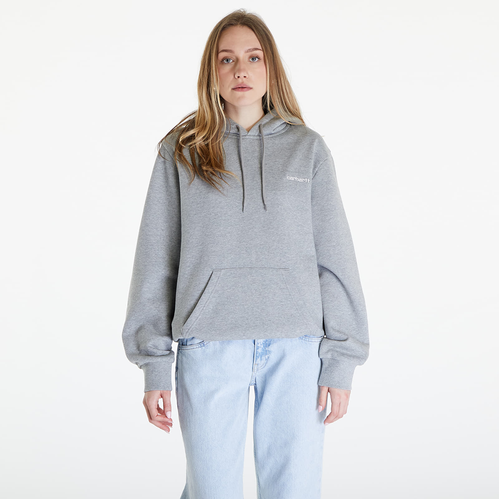 Mikiny Carhartt WIP Hooded Script Embroidery Sweat UNISEX Grey Heather/ White
