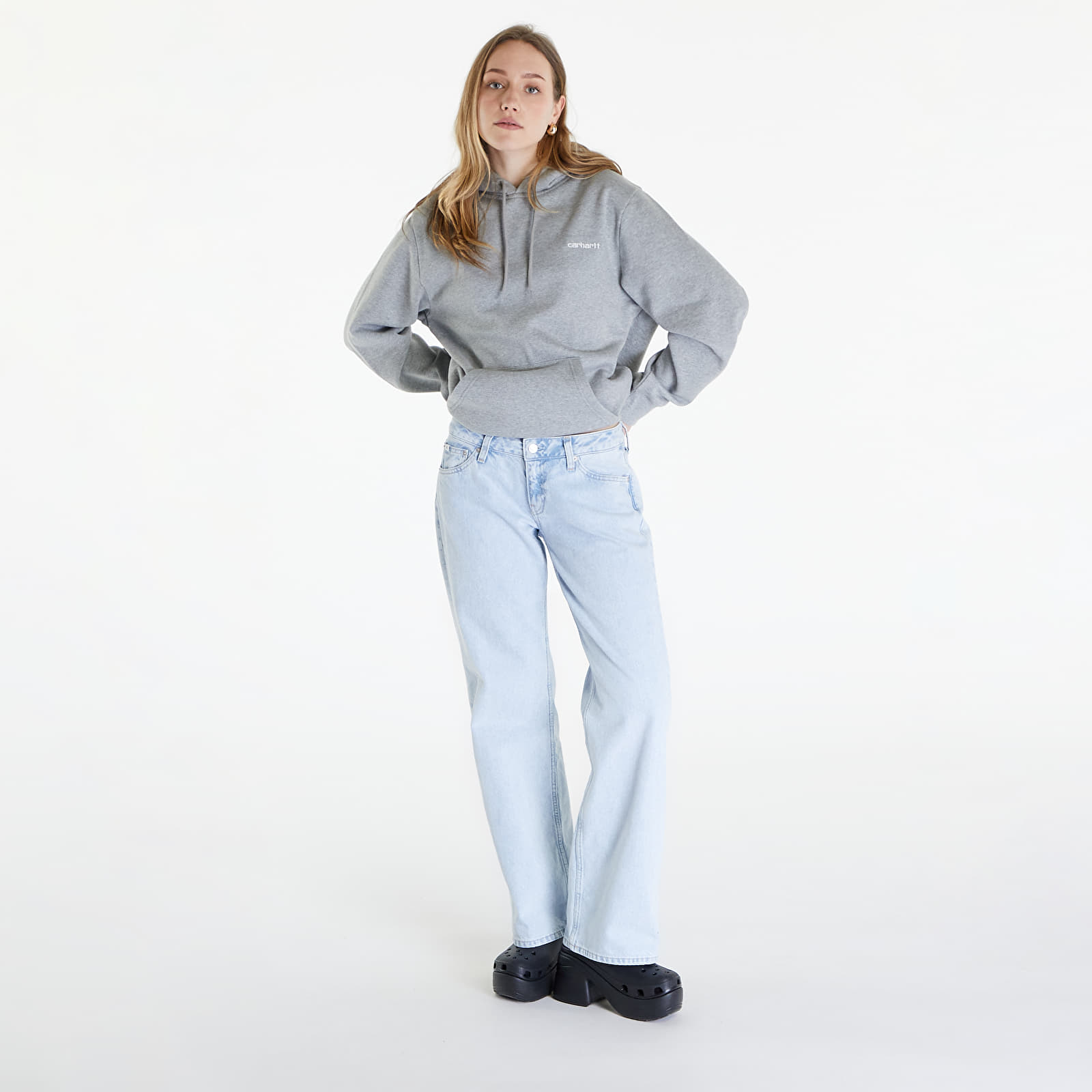 Mikiny Carhartt WIP Hooded Script Embroidery Sweat UNISEX Grey Heather/ White