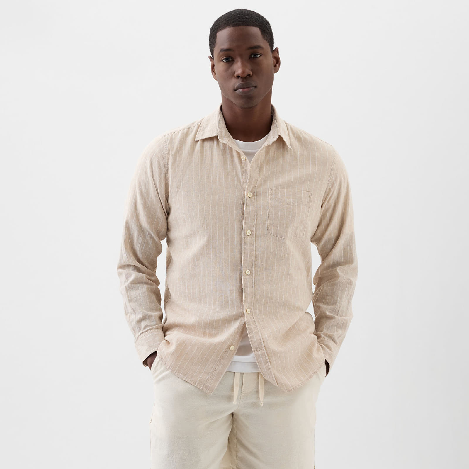 Cămăși GAP Longsleeve Standard-Fit Linen Shirt Khaki Stripe