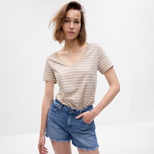 Тениска GAP Basic V-Neck Tee Beige Stripe