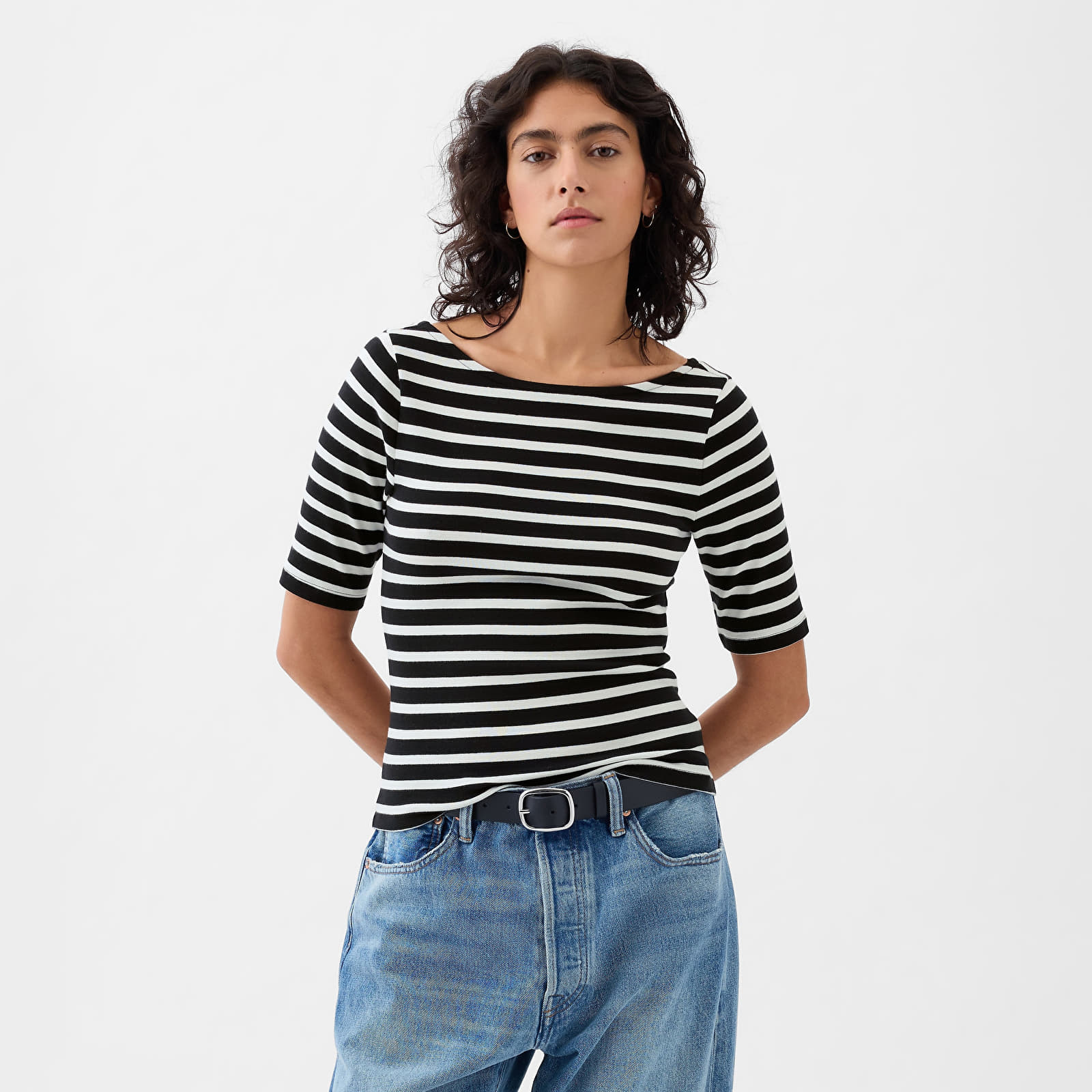 Tops GAP Elbow Sleeve Modal Ballet Back Top Black White Stripe