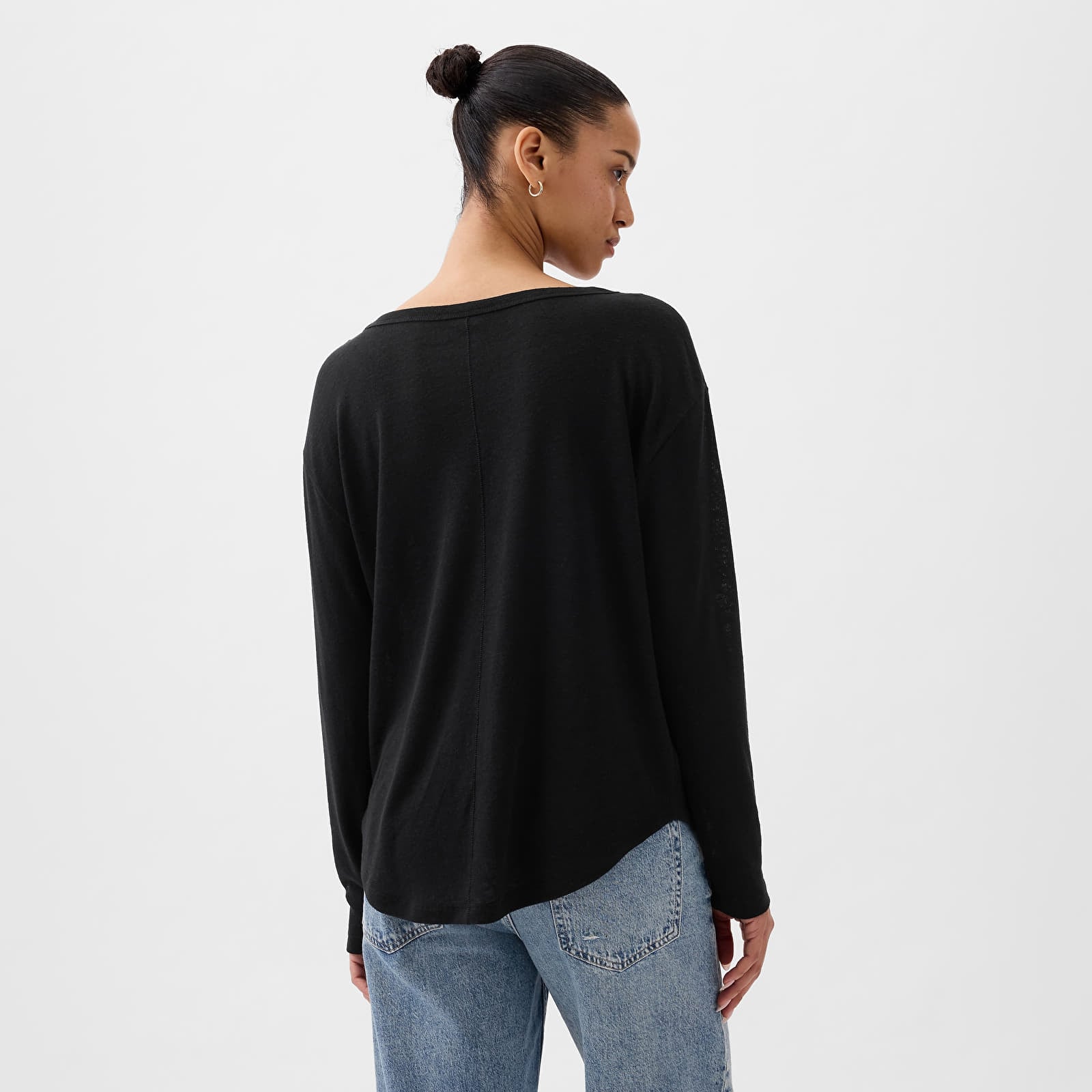 Tops GAP Longsleeve Linen Blend Boatneck Top Black | Queens
