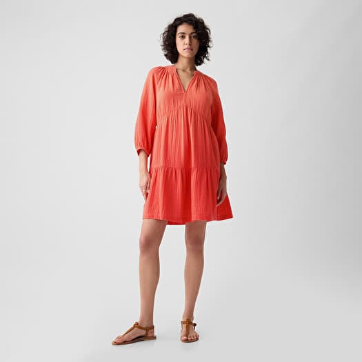 Klänning GAP Longsleeve Gauze Mini Dress Fire Coral