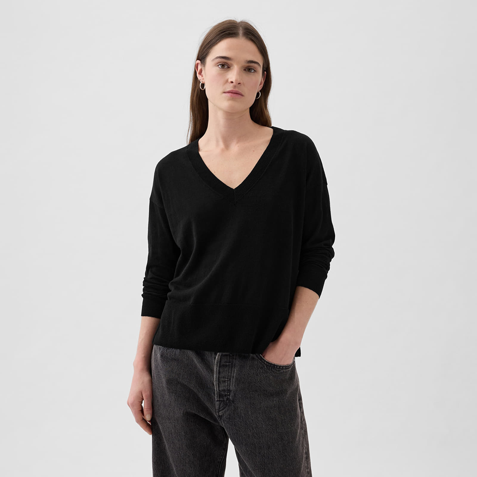 Felpe GAP Longsleeve Linen Split Hem Pullover Sweater Black