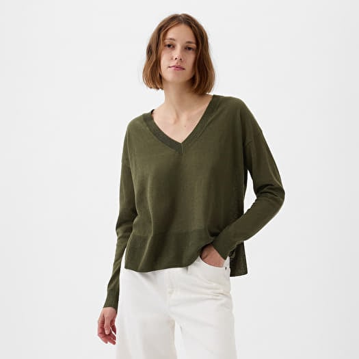 Sweatshirt GAP Longsleeve Linen Split Hem Pullover Sweater Ripe Olive