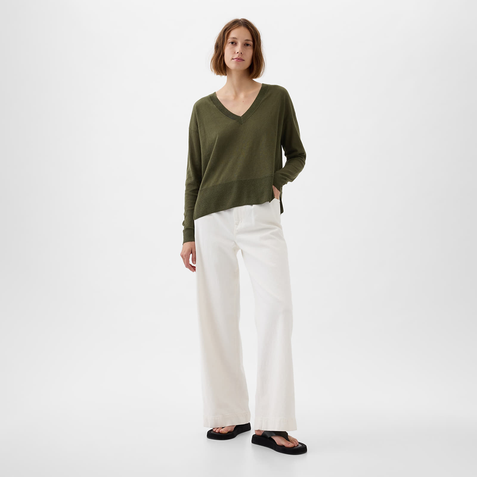 Hoodies and sweatshirts  GAP Longsleeve Linen Split Hem Pullover Sweater Ripe Olive