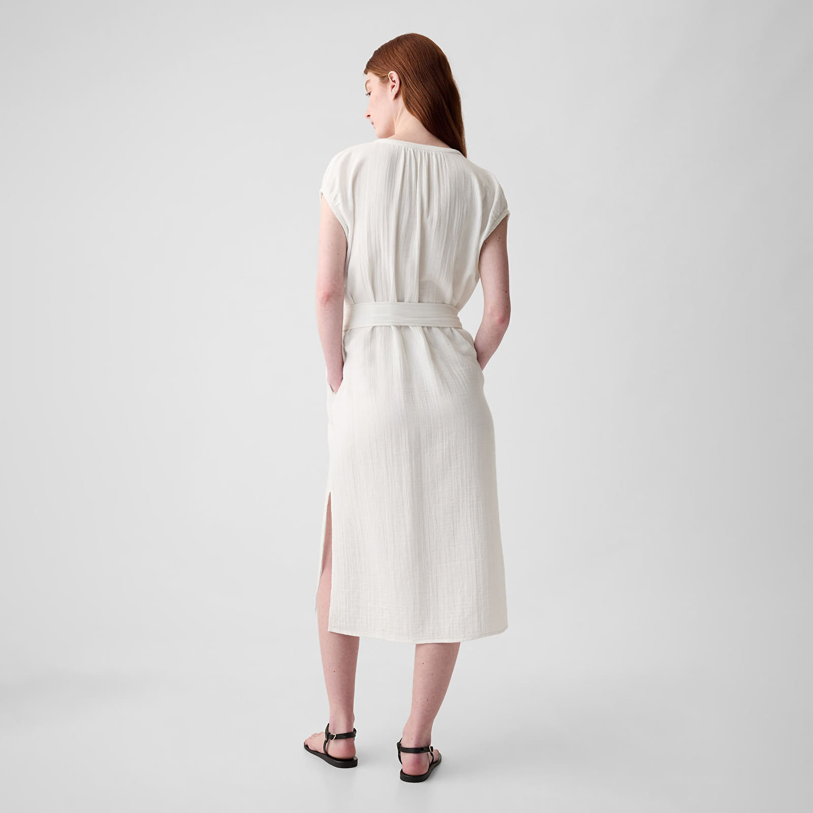 Kjoler GAP Shortsleeve Gauze Tie Waist Button Down Midi Dress New Off White