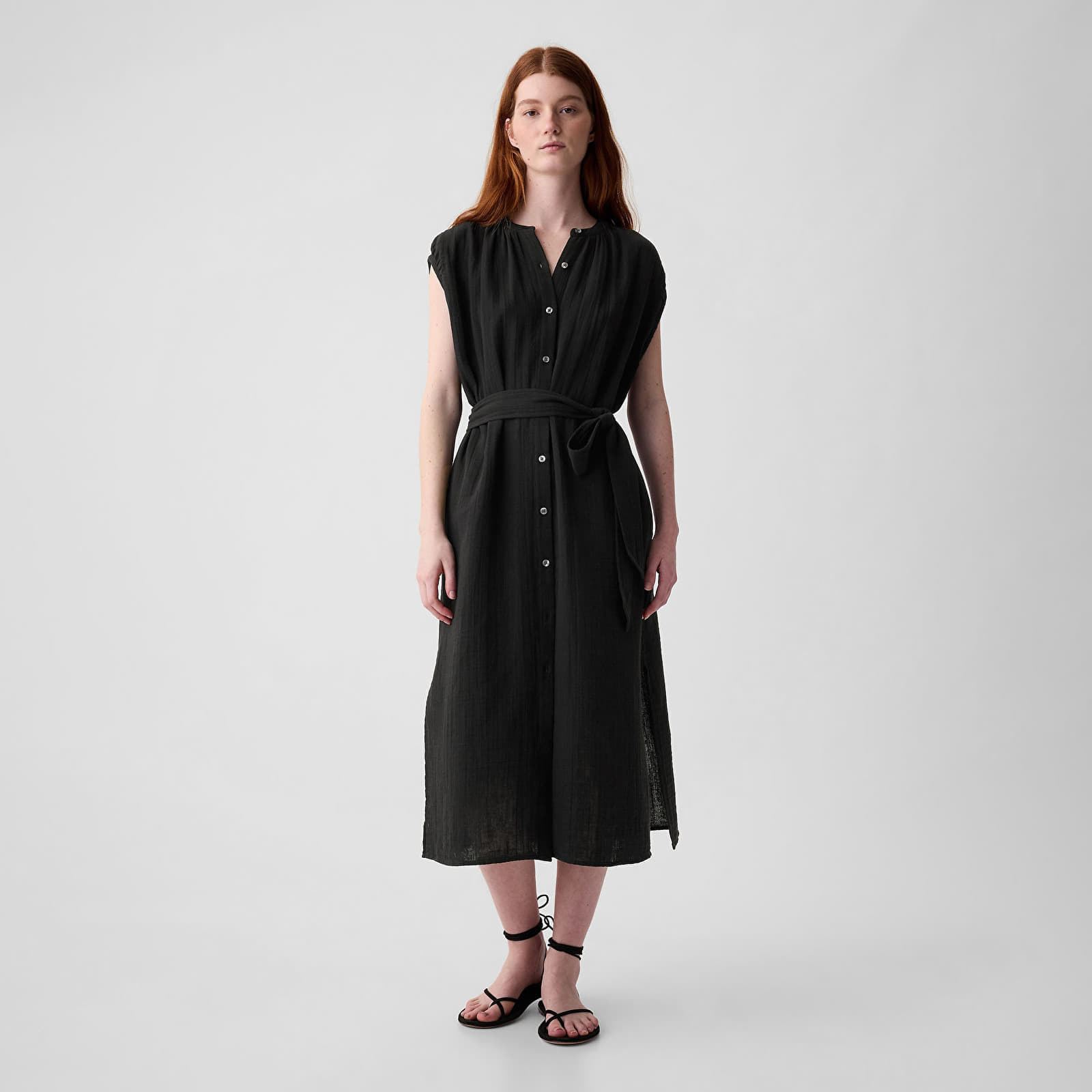 Vestito GAP Shortsleeve Gauze Tie Waist Button Down Midi Dress Black L