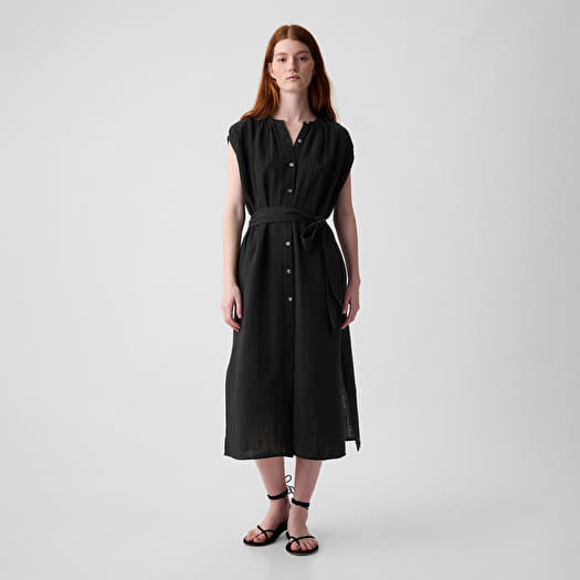 Φορέματα GAP Shortsleeve Gauze Tie Waist Button Down Midi Dress Black