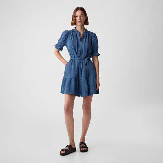 GAP Shortsleeve Belted Gauze Shirtdress Medium Indigo 15