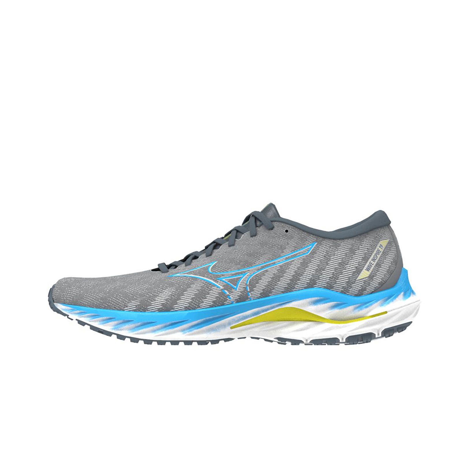 Baskets et chaussures pour hommes Mizuno Wave Inspire 19 GGray/ JBlue/ Bolt2Neon