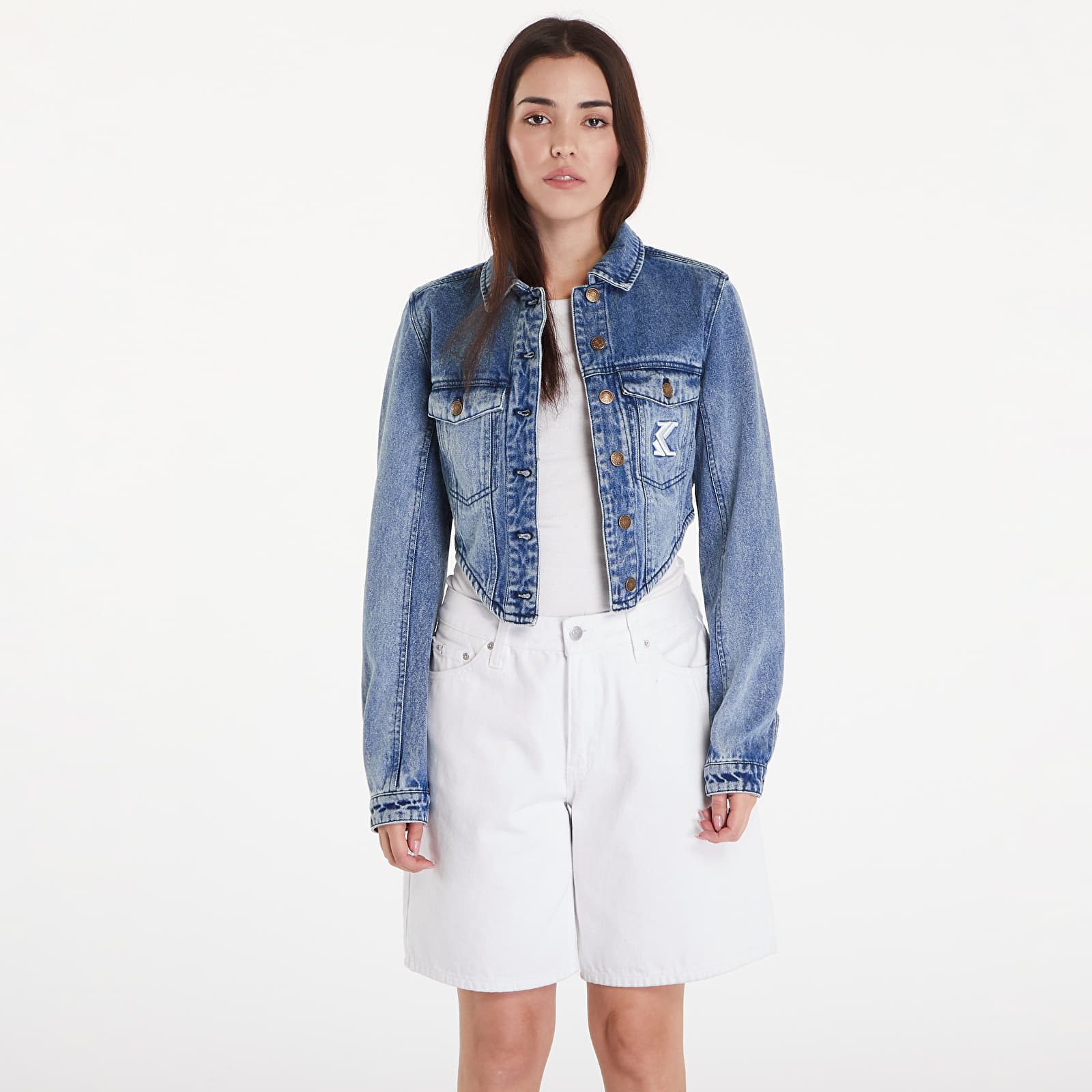 Kurtki Karl Kani Og Old English Crop Corset Washed Denim Jacket Vintage Indigo