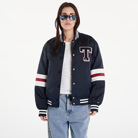 Tommy Jeans Satin Letterman Bomber Jacket Dark Night Navy
