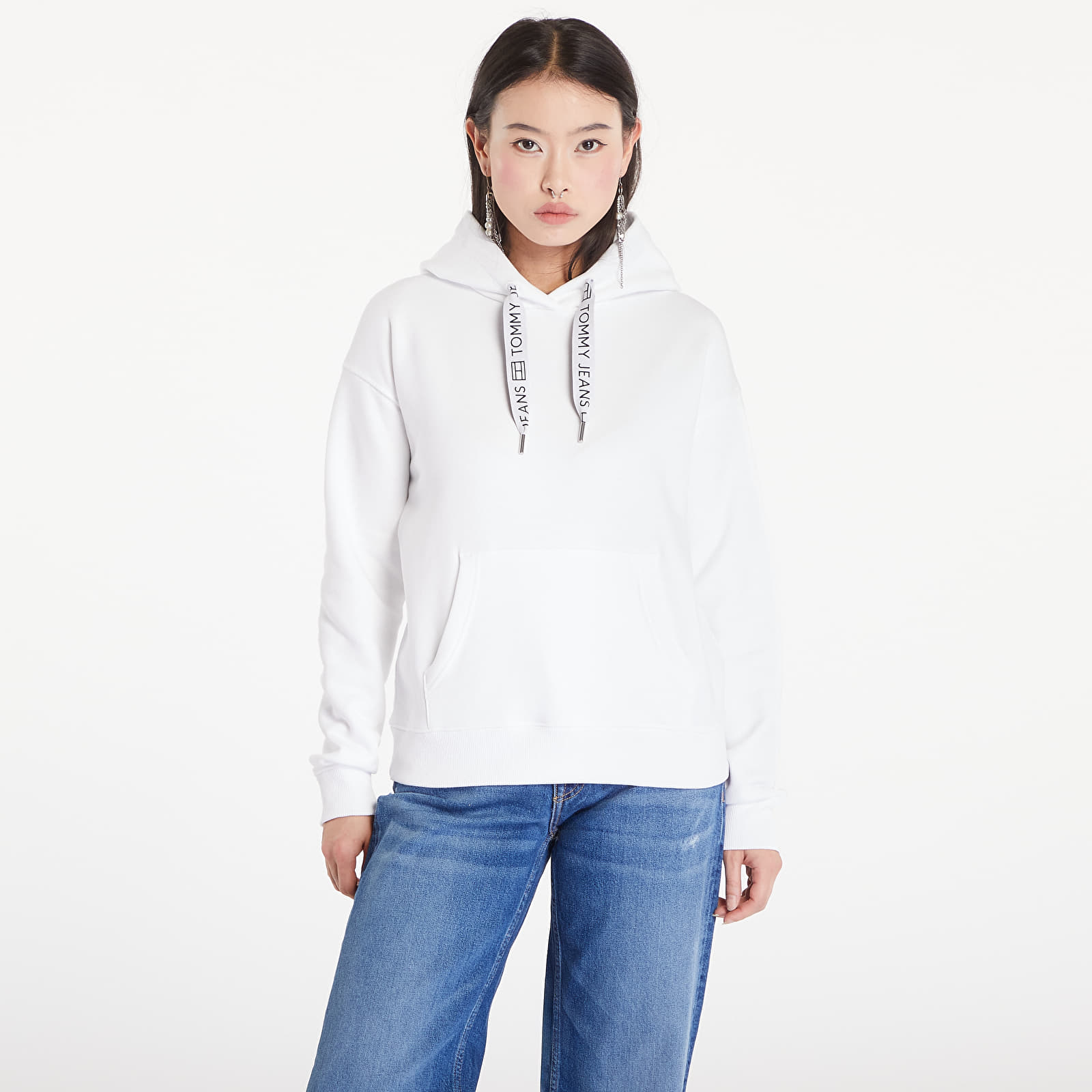 Sudaderas de mujer Tommy Jeans Boxy Logo Drawcord Hoodie White