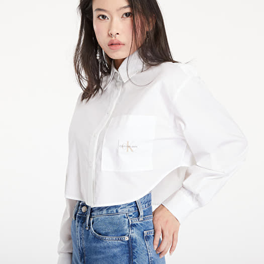Women s Shirts Calvin Klein Jeans Woven Label Cropped T Shirt White Queens