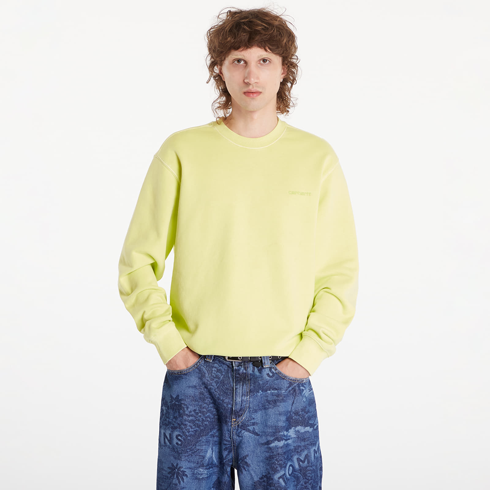 Moške majice Carhartt WIP Duster Script Sweatshirt UNISEX Arctic Lime Garment Dyed