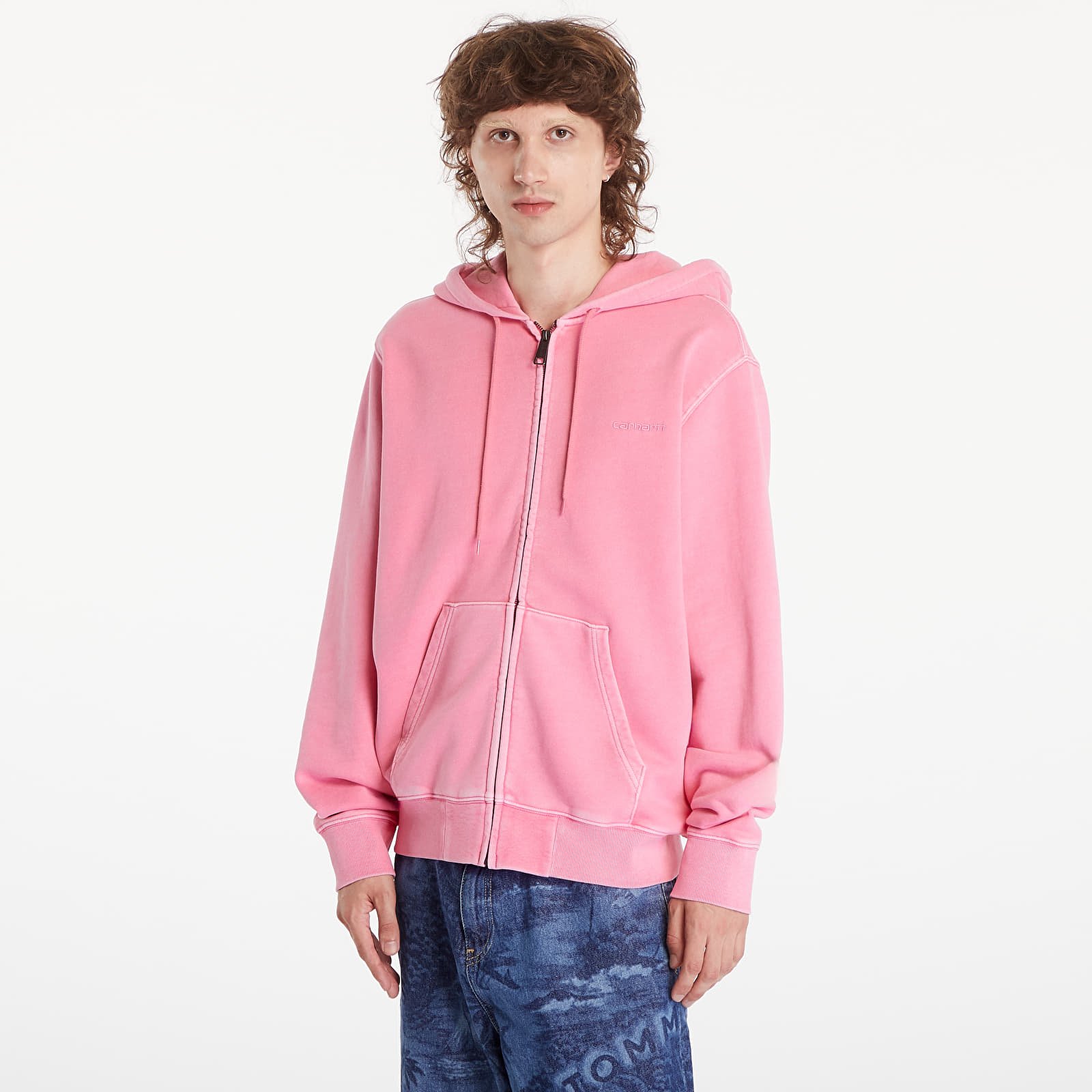Pánské mikiny Carhartt WIP Hooded Duster Script Jacket UNISEX Charm Pink Garment Dyed