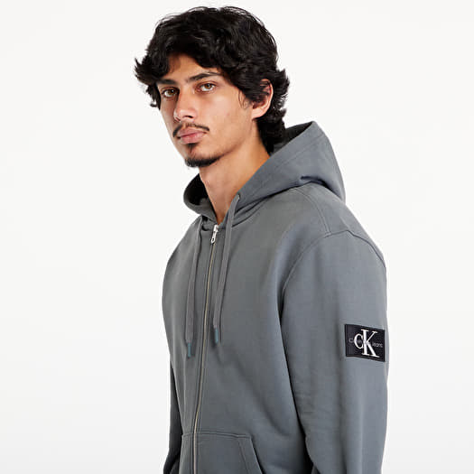 Men s sweatshirts Calvin Klein Jeans Badge Zip Through Hoodie Gray Queens