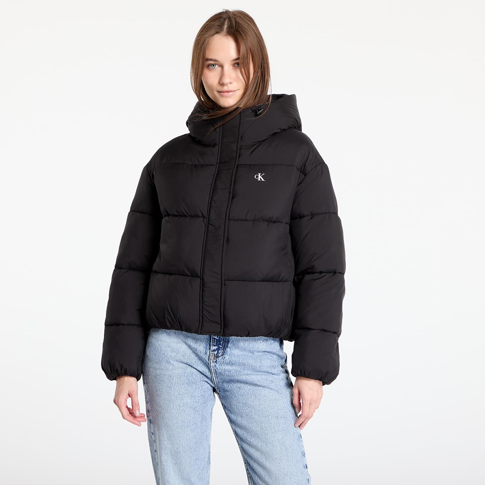 Calvin klein jeans hooded down jacket black sales