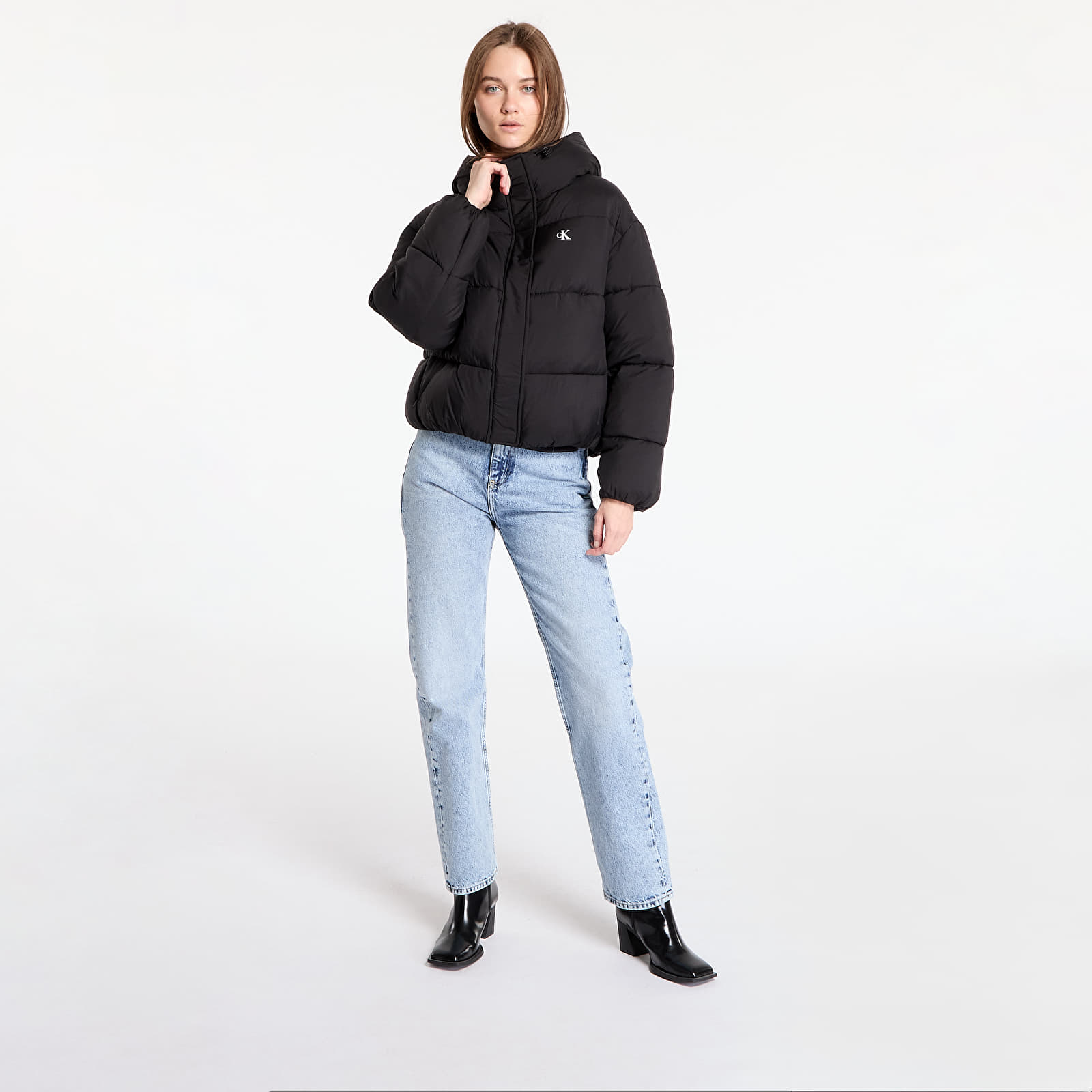 Women s jackets Calvin Klein Jeans Logo Short Hooded Puffer Jacket Black Queens