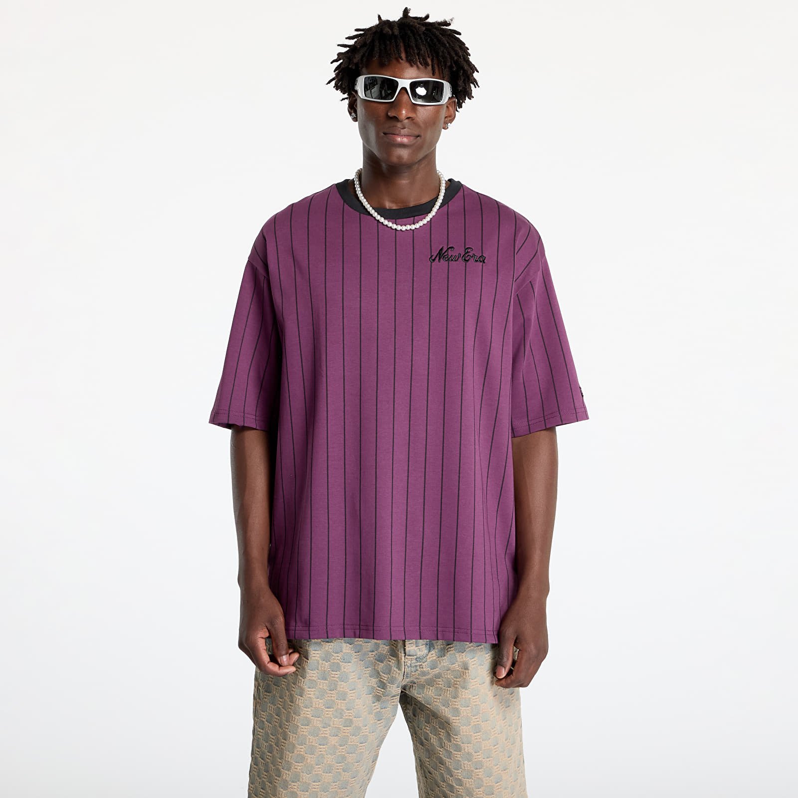 Pánská trička New Era Pinstripe Oversized Tee UNISEX Damson/ Black