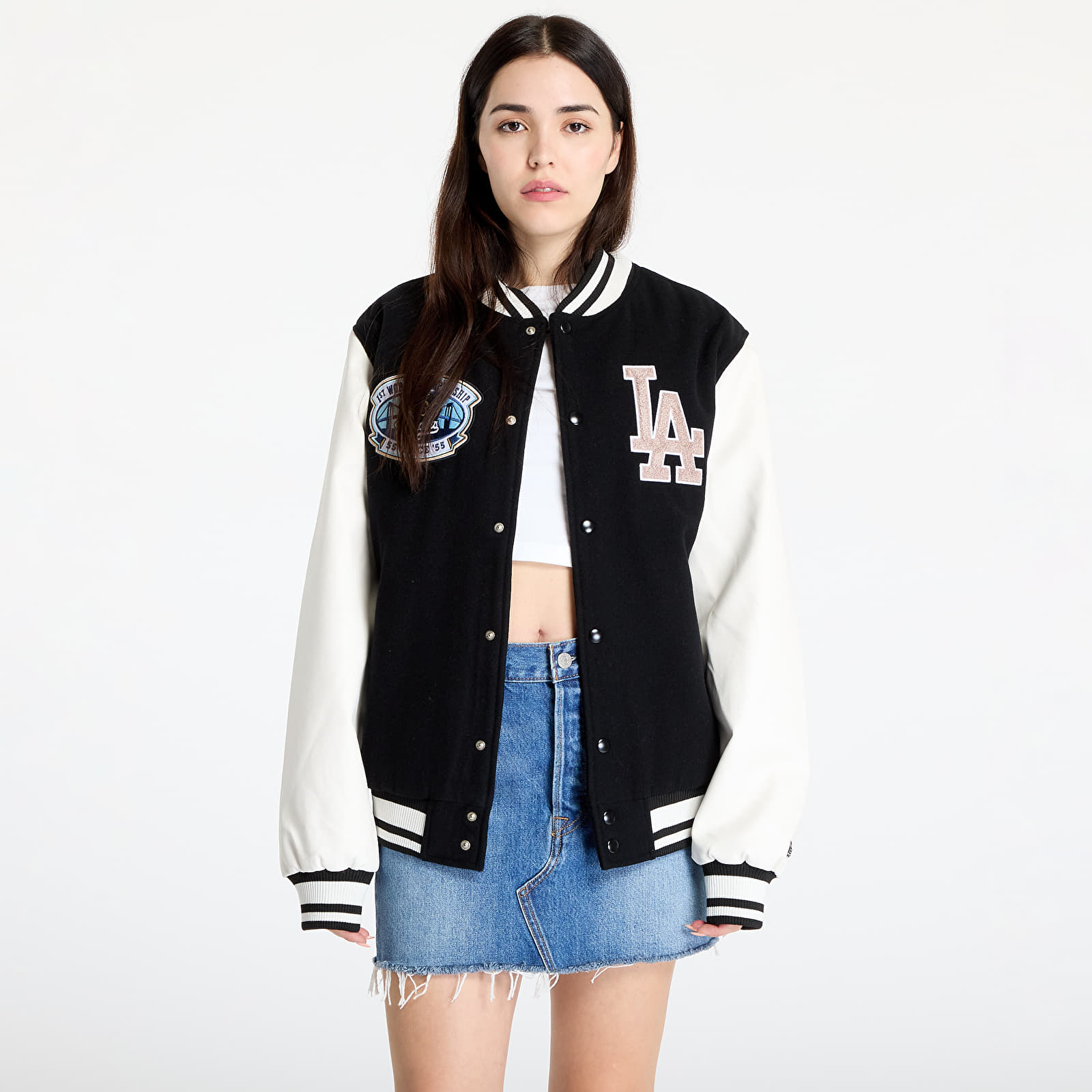 Chaquetas bomber para hombre New Era  Los Angeles Dodgers MLB Patch Varsity Jacket UNISEX Black/ White