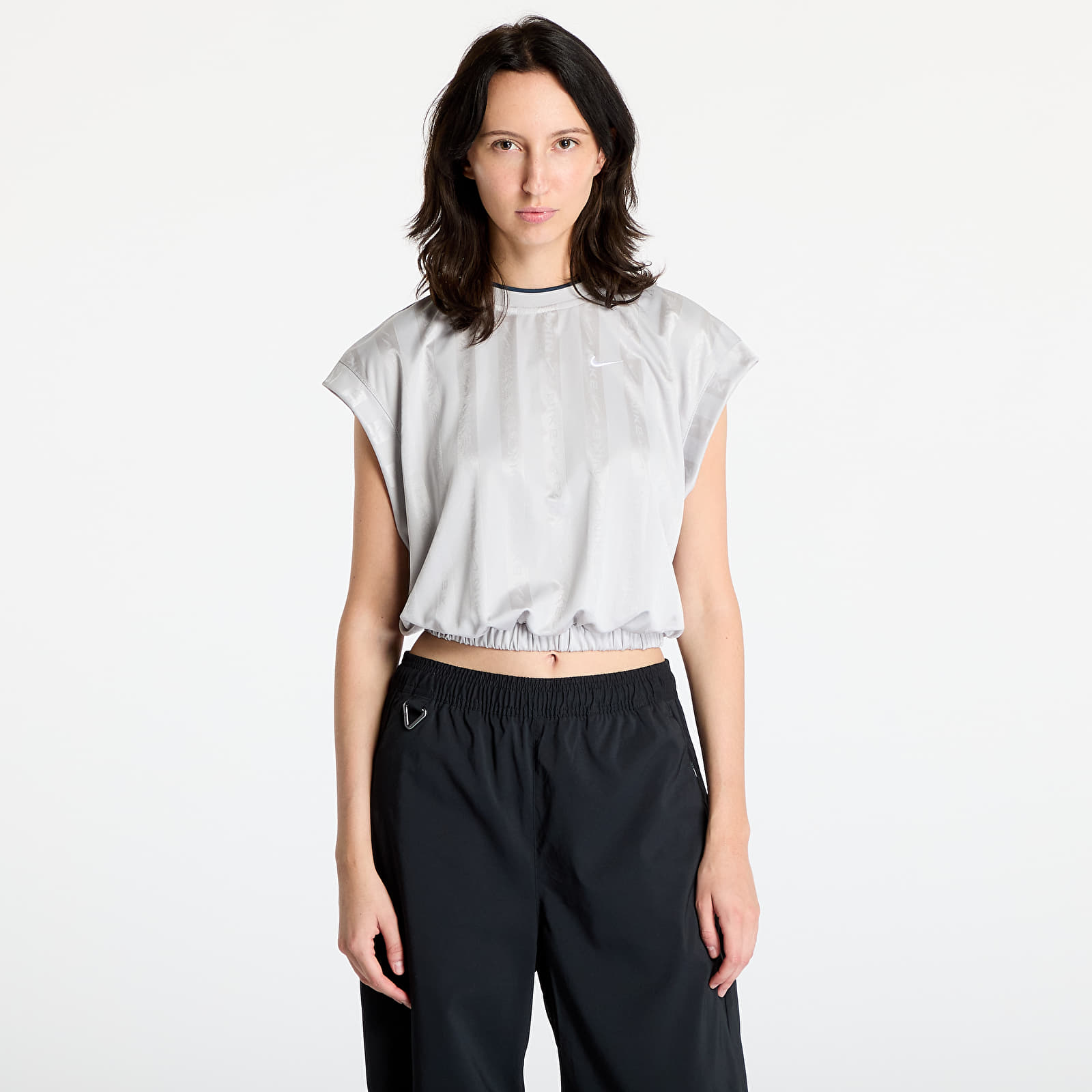 Topy Nike Sportswear Collection Women's Dri-FIT Jacquard Short-Sleeve Jersey Top Light Iron Ore/ Light Iron Ore/ Armoury Navy/ White